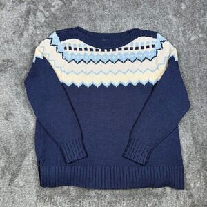 LL Bean Signature Merino Wool Fair Isle Sweater Navy Blue Womens Large